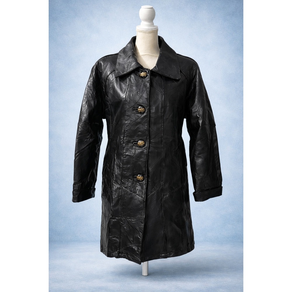 Maxam Italian Black Mosaic Patchwork Lambskin Leather Coat Medium‎ NEW